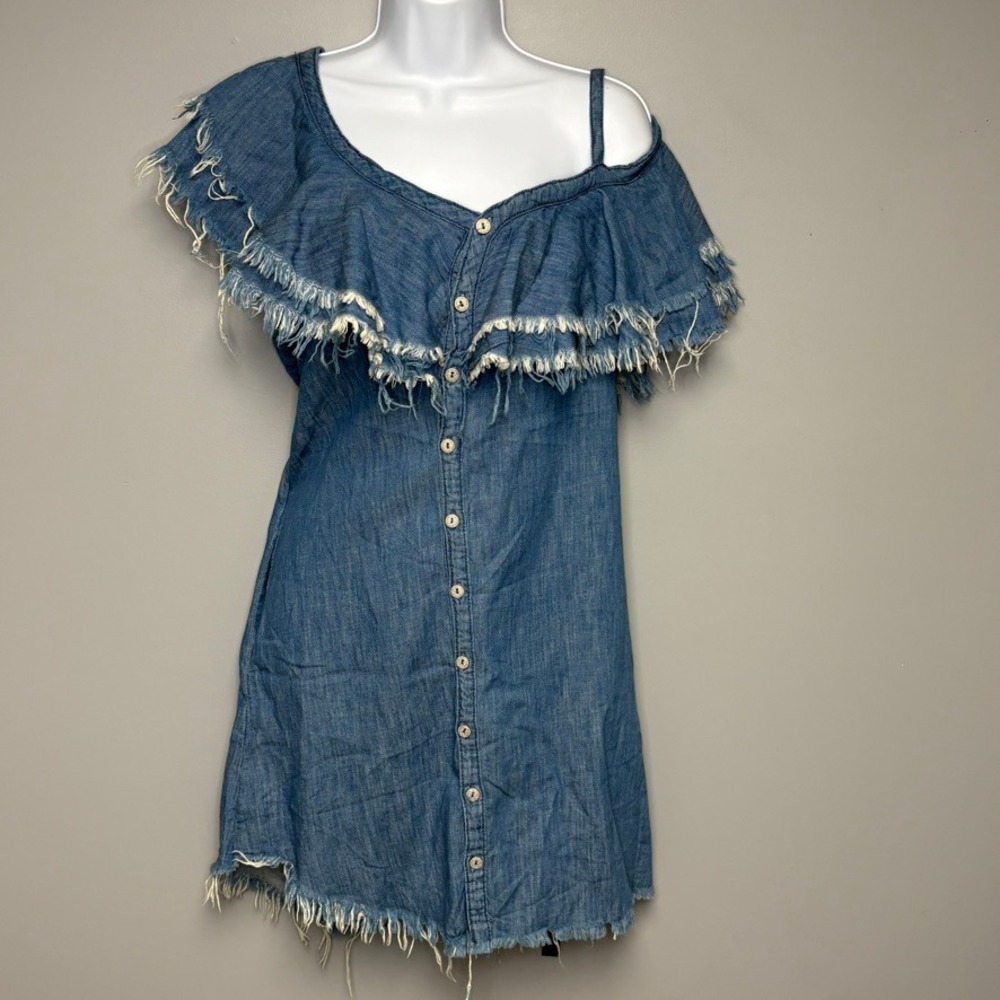 NWT Chambray Denim Festival Country Asymmetrical Distressed Ruffle Dress Sz L